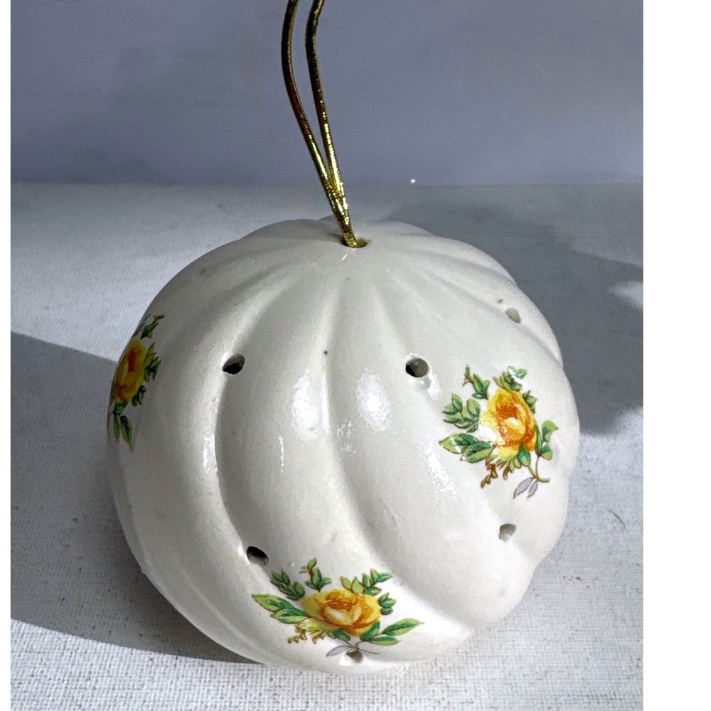 Vintage Ceramic Floral Pomander Potpourri Holder Yellow Roses Swirl Ornament